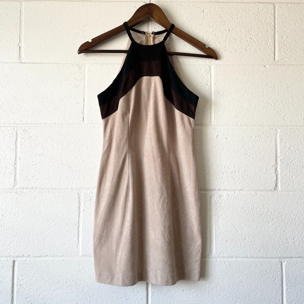 Vintage 5.7.9 y2k Neutrals Beige Colorblock Corduroy Mini Halter Dress Womens 3